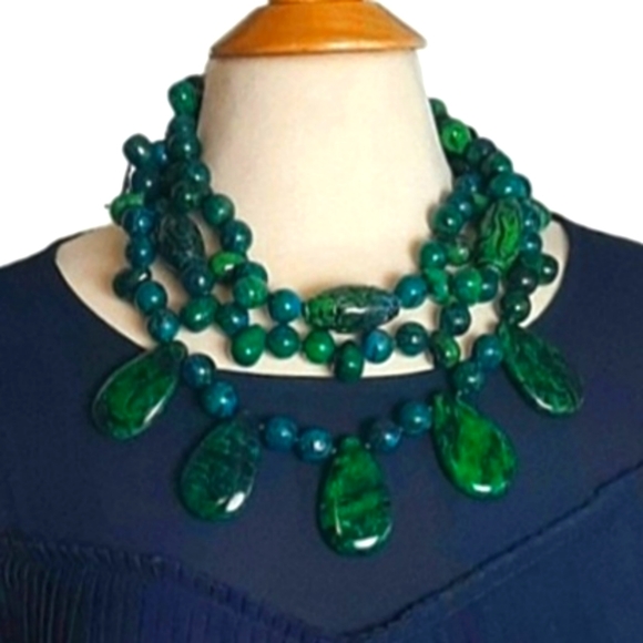 Azurite Malachite Chrysocolla Cabochon Tiered Beaded Statement Necklace - Picture 8 of 10
